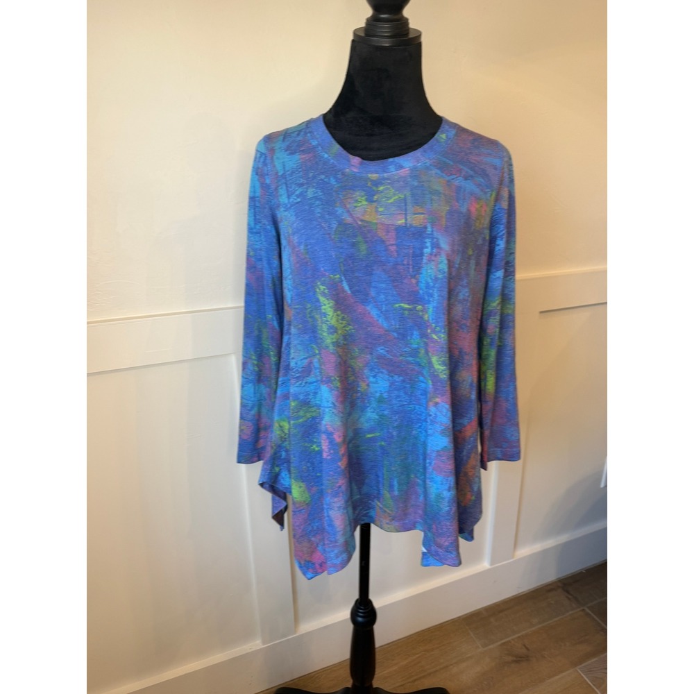 Philosophy Abstract Print Long Sleeve Tunic Top Women's SC Blue Multi Small